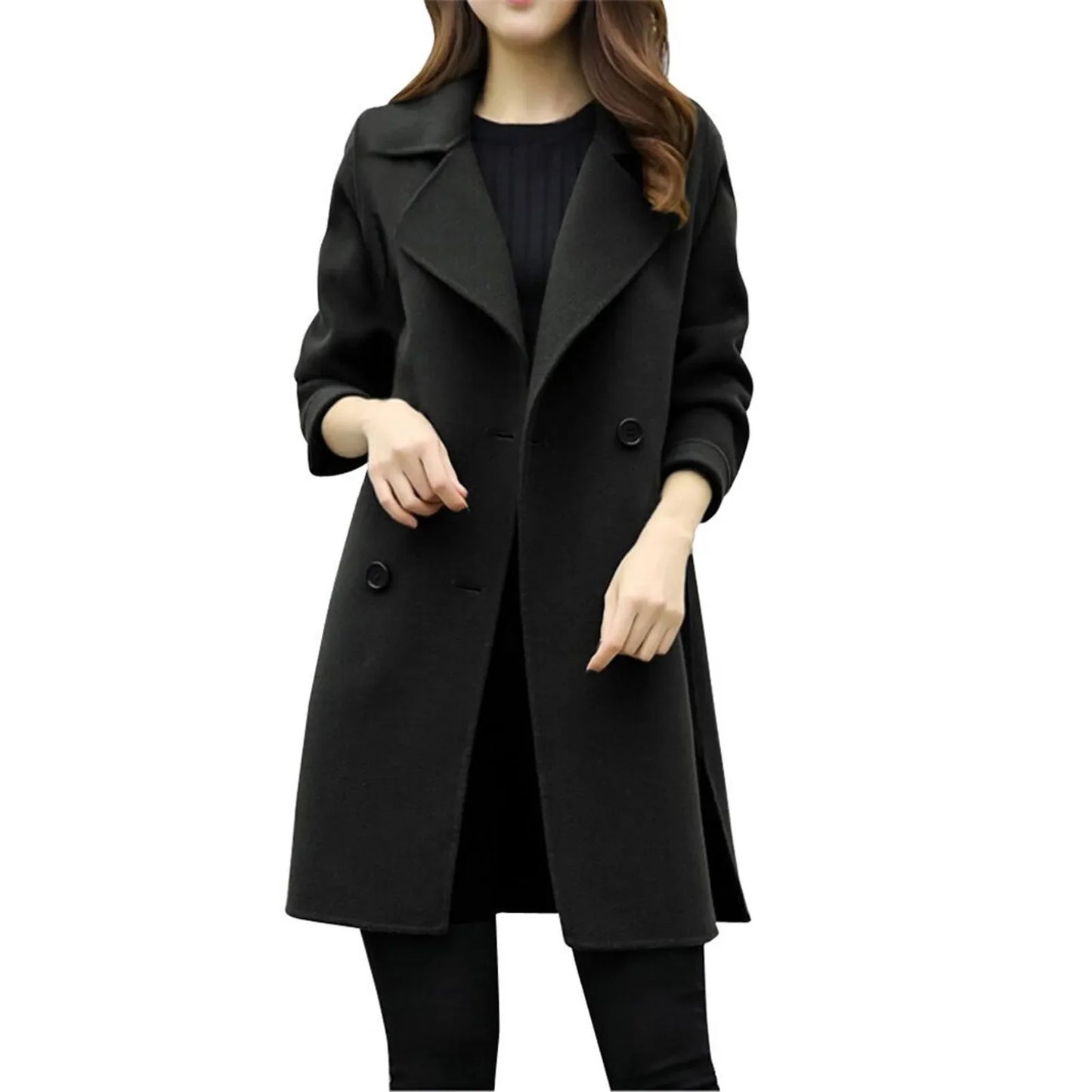 Women'S Medium-Length Woolen Jacket Solid Color Long Sleeve Overcoat with Double Row Buttoning Ladies Fashion Coat