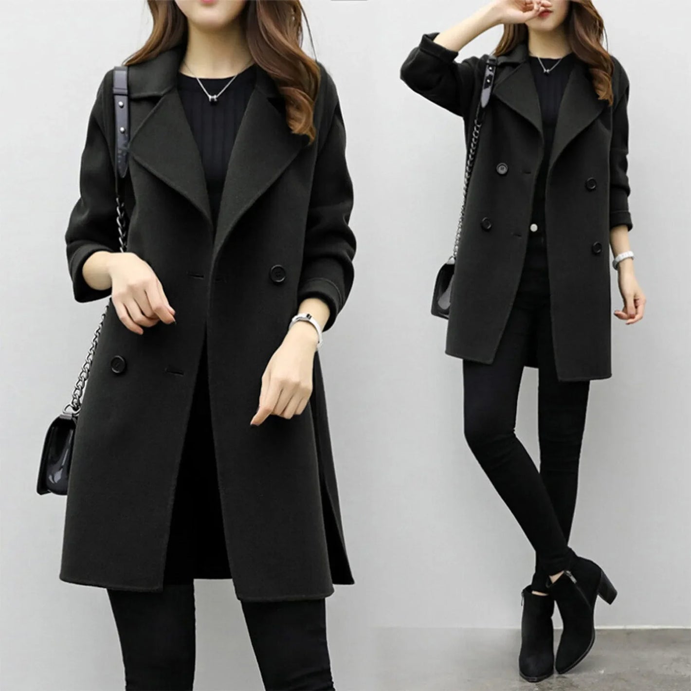 Women'S Medium-Length Woolen Jacket Solid Color Long Sleeve Overcoat with Double Row Buttoning Ladies Fashion Coat