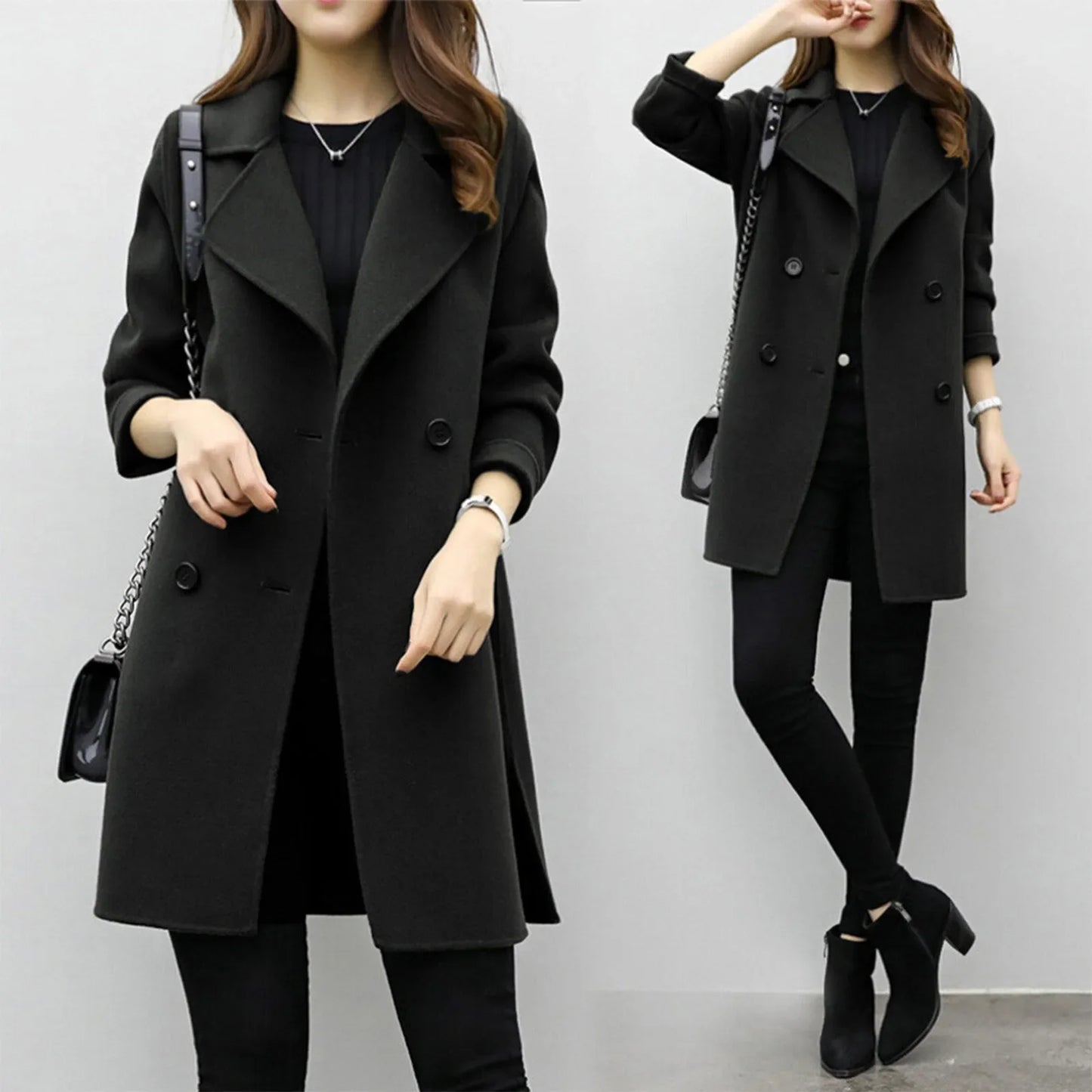 Women'S Medium-Length Woolen Jacket Solid Color Long Sleeve Overcoat with Double Row Buttoning Ladies Fashion Coat