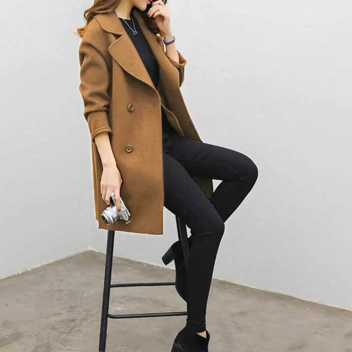 Women'S Medium-Length Woolen Jacket Solid Color Long Sleeve Overcoat with Double Row Buttoning Ladies Fashion Coat