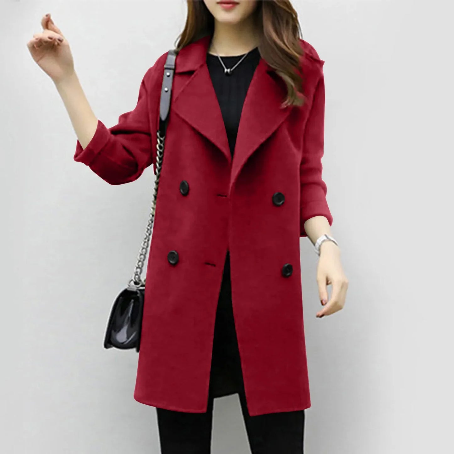 Women'S Medium-Length Woolen Jacket Solid Color Long Sleeve Overcoat with Double Row Buttoning Ladies Fashion Coat