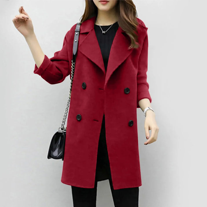 Women'S Medium-Length Woolen Jacket Solid Color Long Sleeve Overcoat with Double Row Buttoning Ladies Fashion Coat