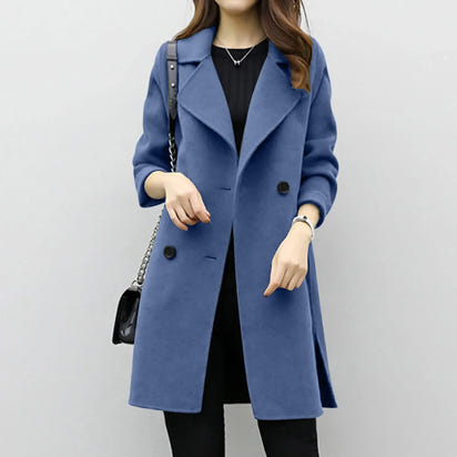 Women'S Medium-Length Woolen Jacket Solid Color Long Sleeve Overcoat with Double Row Buttoning Ladies Fashion Coat