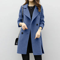 Women'S Medium-Length Woolen Jacket Solid Color Long Sleeve Overcoat with Double Row Buttoning Ladies Fashion Coat