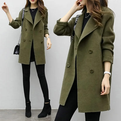 Women'S Medium-Length Woolen Jacket Solid Color Long Sleeve Overcoat with Double Row Buttoning Ladies Fashion Coat