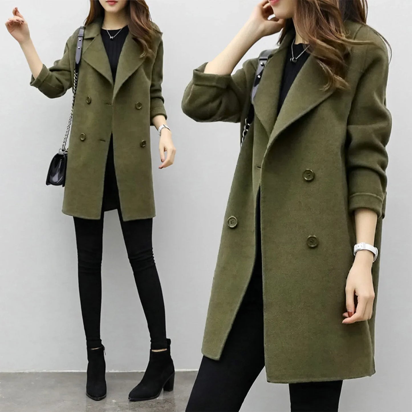 Women'S Medium-Length Woolen Jacket Solid Color Long Sleeve Overcoat with Double Row Buttoning Ladies Fashion Coat