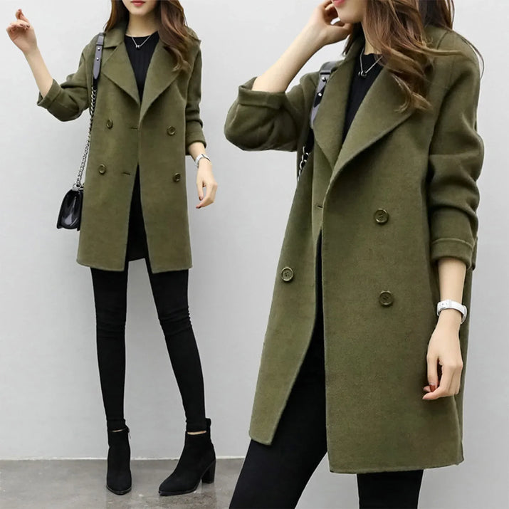 Women'S Medium-Length Woolen Jacket Solid Color Long Sleeve Overcoat with Double Row Buttoning Ladies Fashion Coat