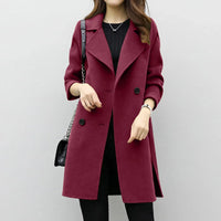 Women'S Medium-Length Woolen Jacket Solid Color Long Sleeve Overcoat with Double Row Buttoning Ladies Fashion Coat