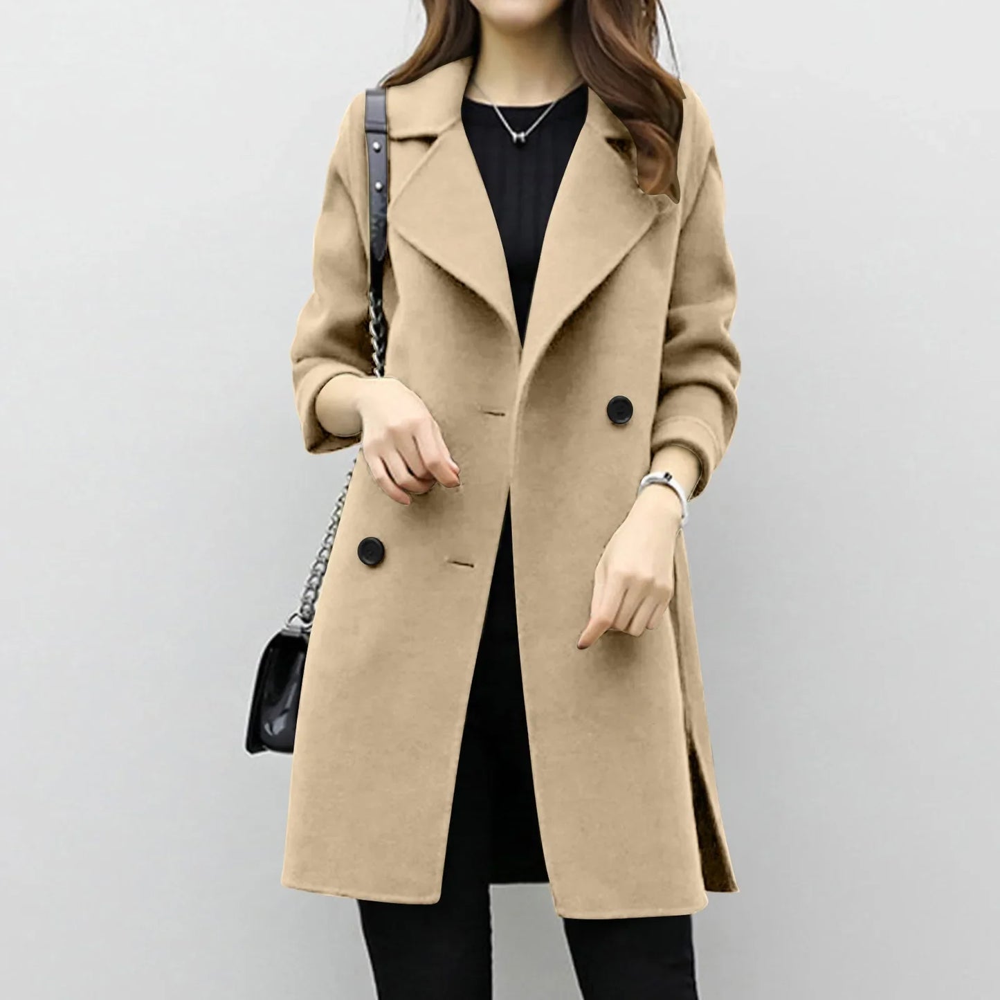 Women'S Medium-Length Woolen Jacket Solid Color Long Sleeve Overcoat with Double Row Buttoning Ladies Fashion Coat