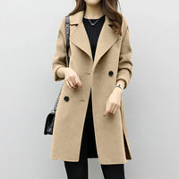 Women'S Medium-Length Woolen Jacket Solid Color Long Sleeve Overcoat with Double Row Buttoning Ladies Fashion Coat